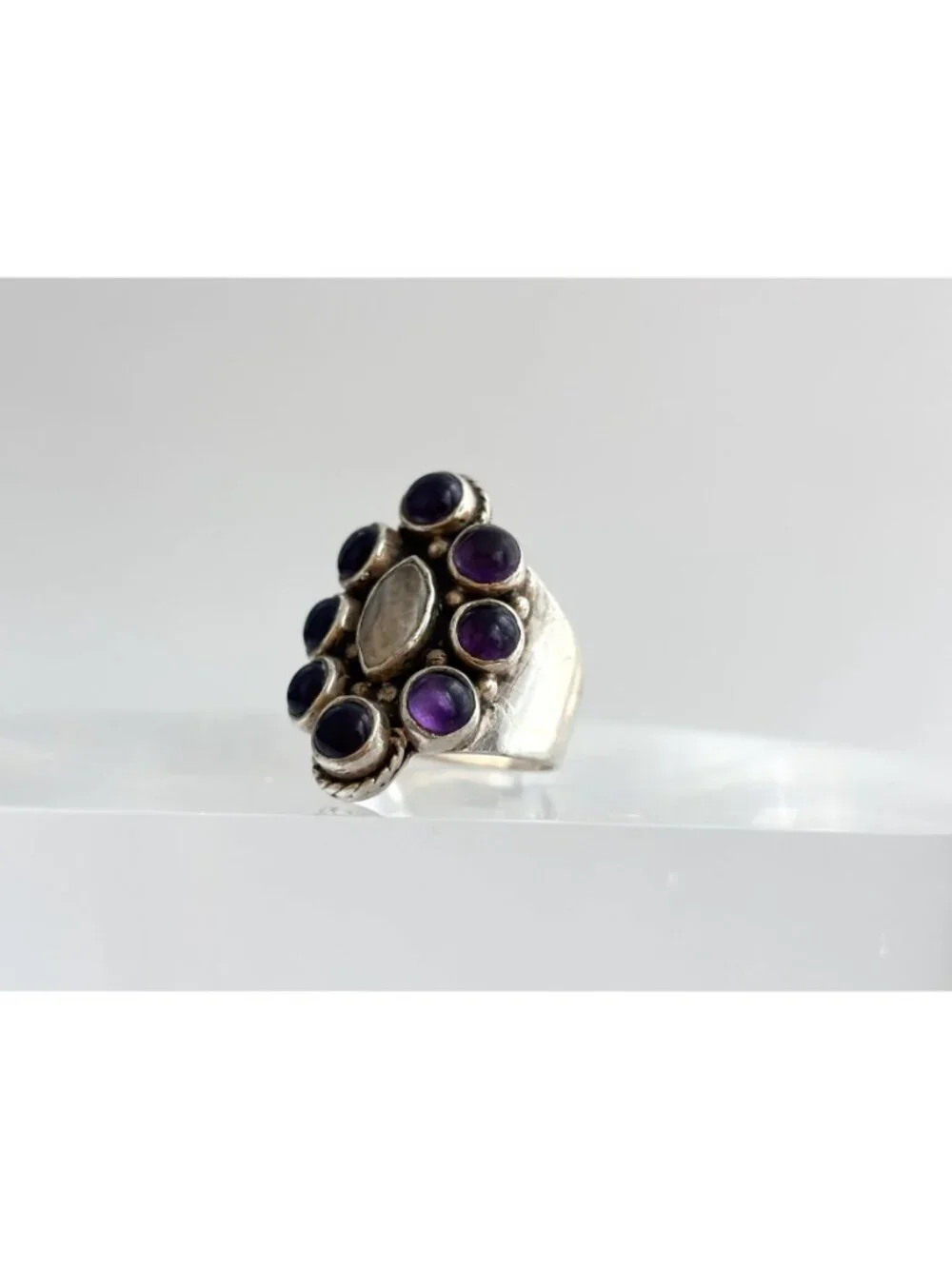 Amethyst Cabochon & Moonstone Art Deco Sterling Silver 925 Vintage Ring sz 6.75
